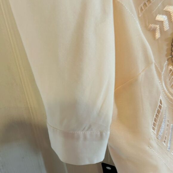 Bebe Embroidered Hand Beaded Draped sleeves Pink blush Sheer Blouse XL - Picture 4 of 13